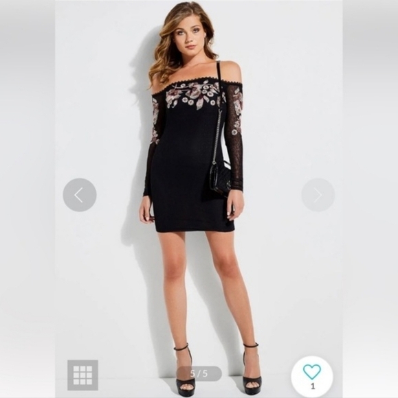 GUESS Stretch Floral Embroidered Mesh Bodycon Mini Dress Black Long Sleeve Sz L - Picture 1 of 16